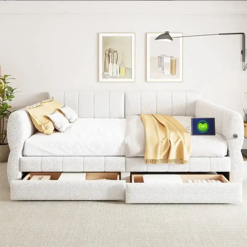 Letto a divano imbottito Queen Size con 2 cassetti portaoggetti, divano letto moderno con porta USB e bracciolo