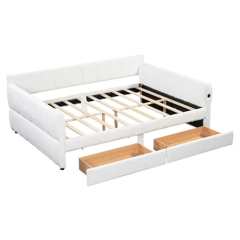 Letto a divano imbottito Queen Size con 2 cassetti portaoggetti, divano letto moderno con porta USB e bracciolo