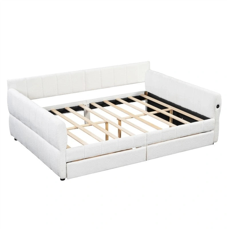 Letto a divano imbottito Queen Size con 2 cassetti portaoggetti, divano letto moderno con porta USB e bracciolo