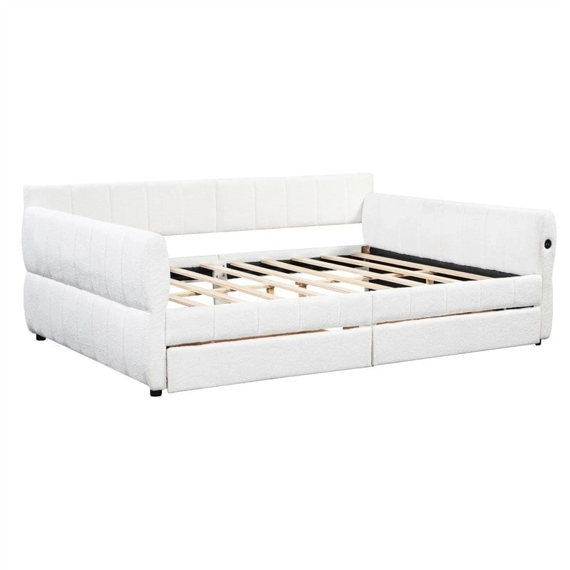 Letto a divano imbottito Queen Size con 2 cassetti portaoggetti, divano letto moderno con porta USB e bracciolo