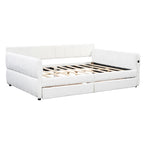 Letto a divano imbottito Queen Size con 2 cassetti portaoggetti, divano letto moderno con porta USB e bracciolo