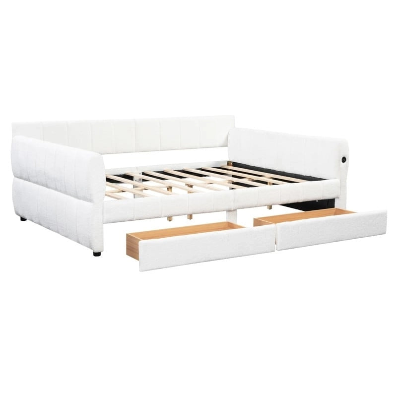 Letto a divano imbottito Queen Size con 2 cassetti portaoggetti, divano letto moderno con porta USB e bracciolo