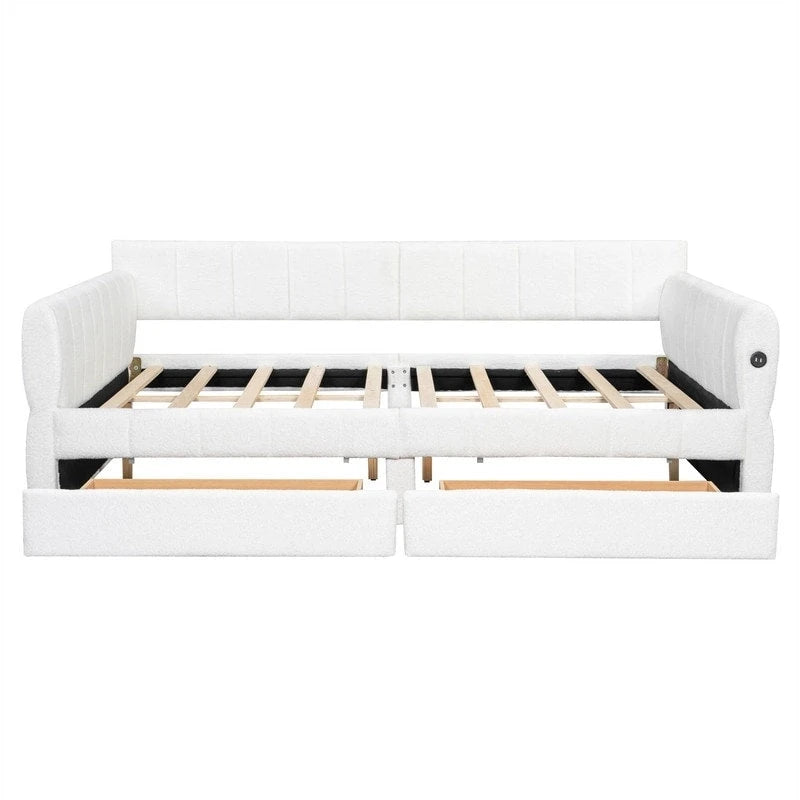 Letto a divano imbottito Queen Size con 2 cassetti portaoggetti, divano letto moderno con porta USB e bracciolo
