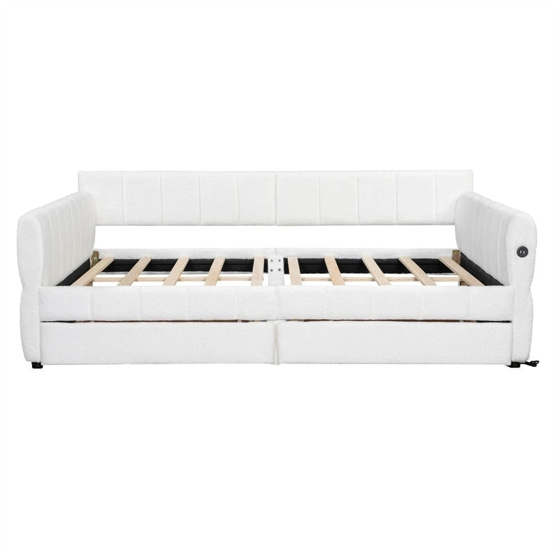 Letto a divano imbottito Queen Size con 2 cassetti portaoggetti, divano letto moderno con porta USB e bracciolo