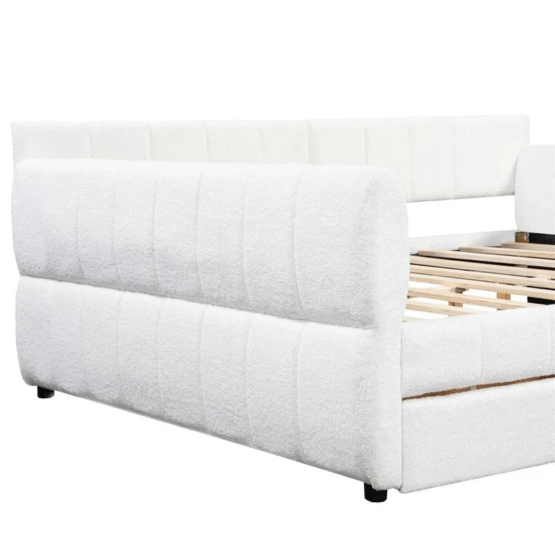Letto a divano imbottito Queen Size con 2 cassetti portaoggetti, divano letto moderno con porta USB e bracciolo