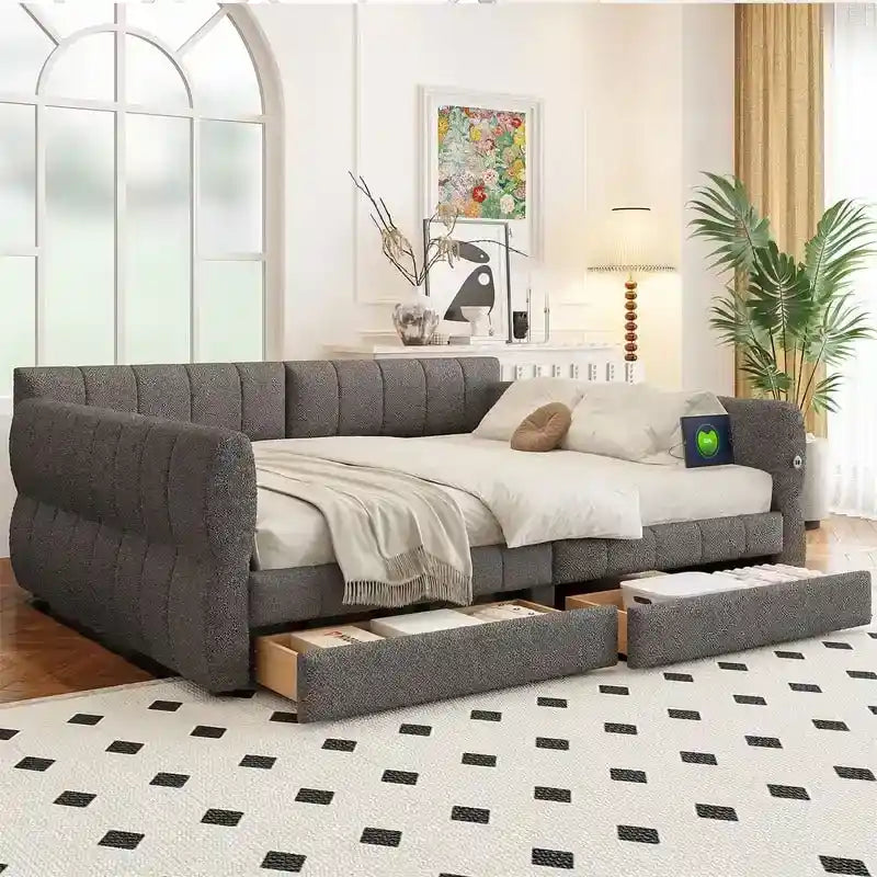 Letto a divano imbottito Queen Size con 2 cassetti portaoggetti, divano letto moderno con porta USB e bracciolo