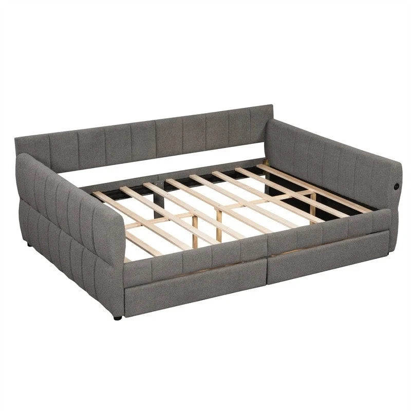 Letto a divano imbottito Queen Size con 2 cassetti portaoggetti, divano letto moderno con porta USB e bracciolo