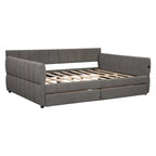 Letto a divano imbottito Queen Size con 2 cassetti portaoggetti, divano letto moderno con porta USB e bracciolo