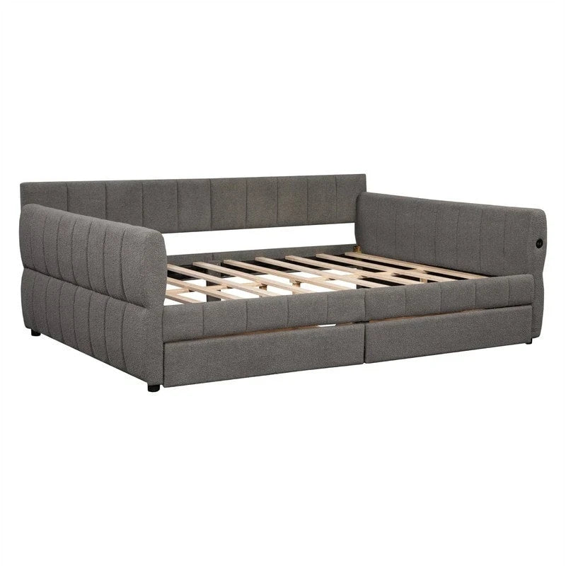 Letto a divano imbottito Queen Size con 2 cassetti portaoggetti, divano letto moderno con porta USB e bracciolo
