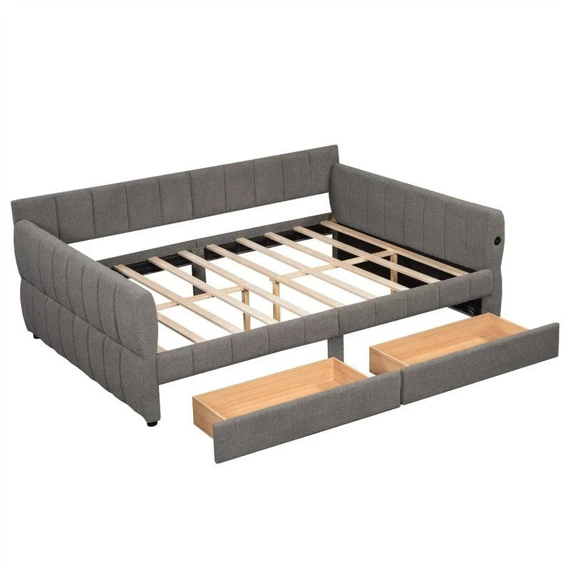 Letto a divano imbottito Queen Size con 2 cassetti portaoggetti, divano letto moderno con porta USB e bracciolo