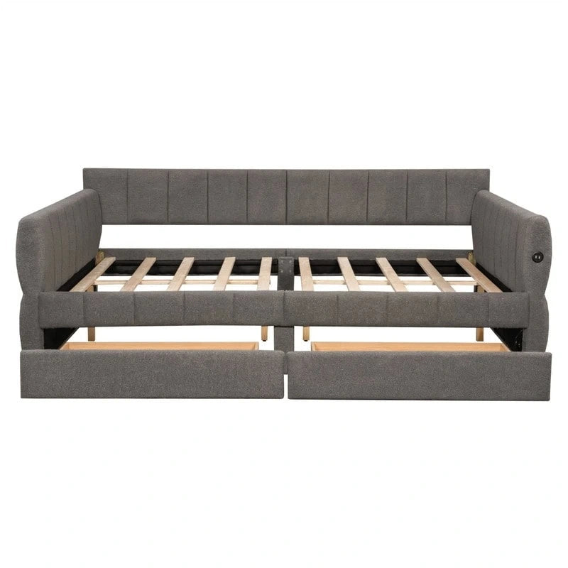 Letto a divano imbottito Queen Size con 2 cassetti portaoggetti, divano letto moderno con porta USB e bracciolo