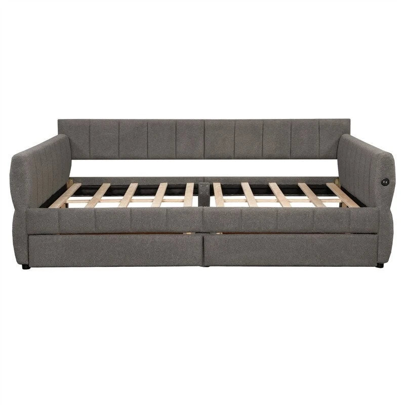 Letto a divano imbottito Queen Size con 2 cassetti portaoggetti, divano letto moderno con porta USB e bracciolo