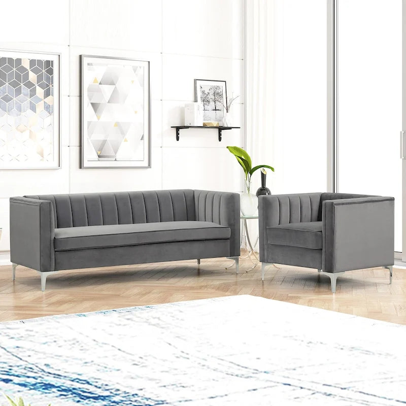 Set moderno di 2 pezzi: poltrona e divano con velluto olandese grigio, gambe in ferro