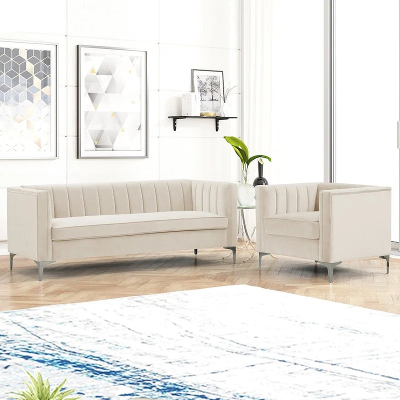 Set moderno di 2 pezzi: poltrona e divano con velluto olandese grigio, gambe in ferro