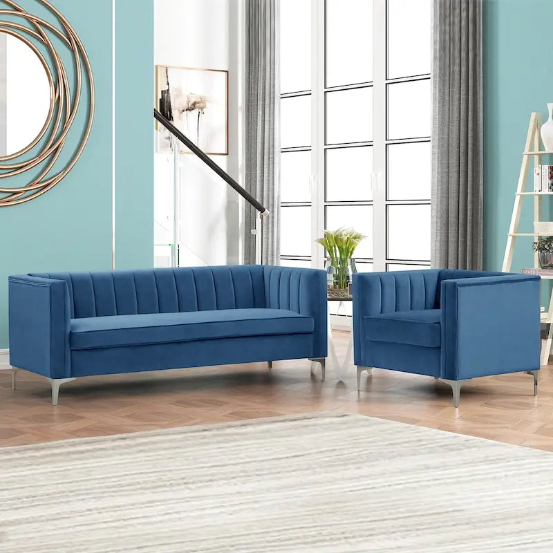 Set moderno di 2 pezzi: poltrona e divano con velluto olandese grigio, gambe in ferro