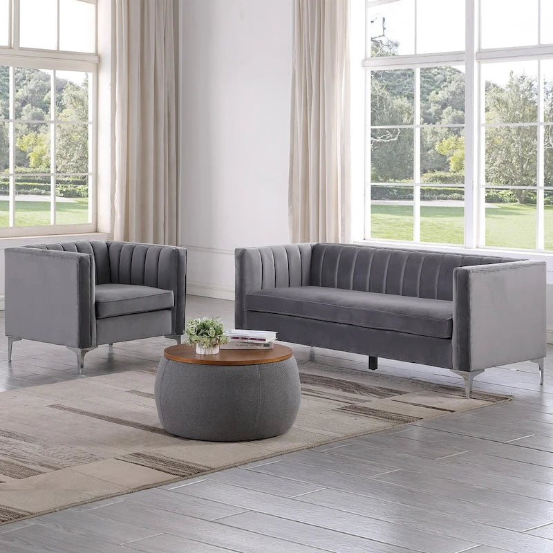  Modern 2 Pieces of Chair and Sofa Couch Set with Dutch Velvet Grey, Iron Legs