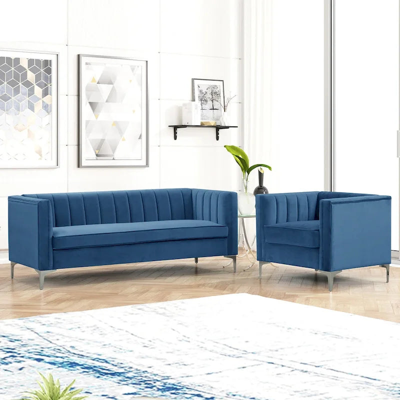 Set moderno di 2 pezzi: poltrona e divano con velluto olandese grigio, gambe in ferro