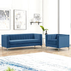 Set moderno di 2 pezzi: poltrona e divano con velluto olandese grigio, gambe in ferro
