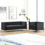 Set moderno di 2 pezzi: poltrona e divano con velluto olandese grigio, gambe in ferro