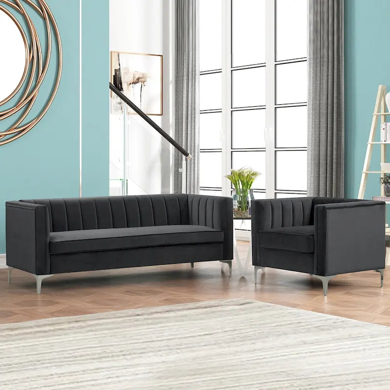 Set moderno di 2 pezzi: poltrona e divano con velluto olandese grigio, gambe in ferro