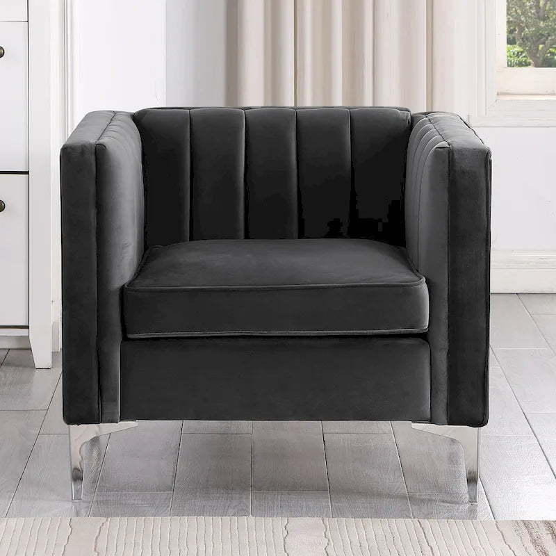 Set moderno di 2 pezzi: poltrona e divano con velluto olandese grigio, gambe in ferro