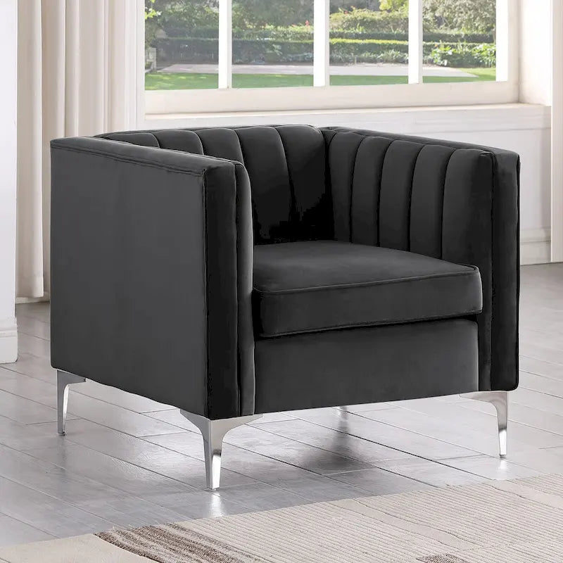 Set moderno di 2 pezzi: poltrona e divano con velluto olandese grigio, gambe in ferro