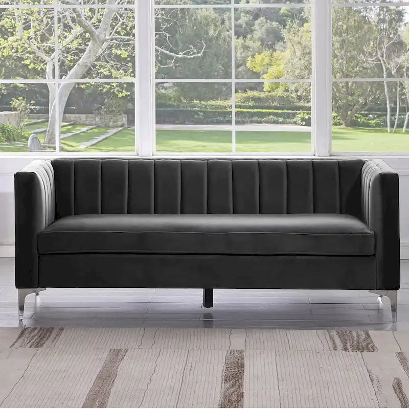 Set moderno di 2 pezzi: poltrona e divano con velluto olandese grigio, gambe in ferro