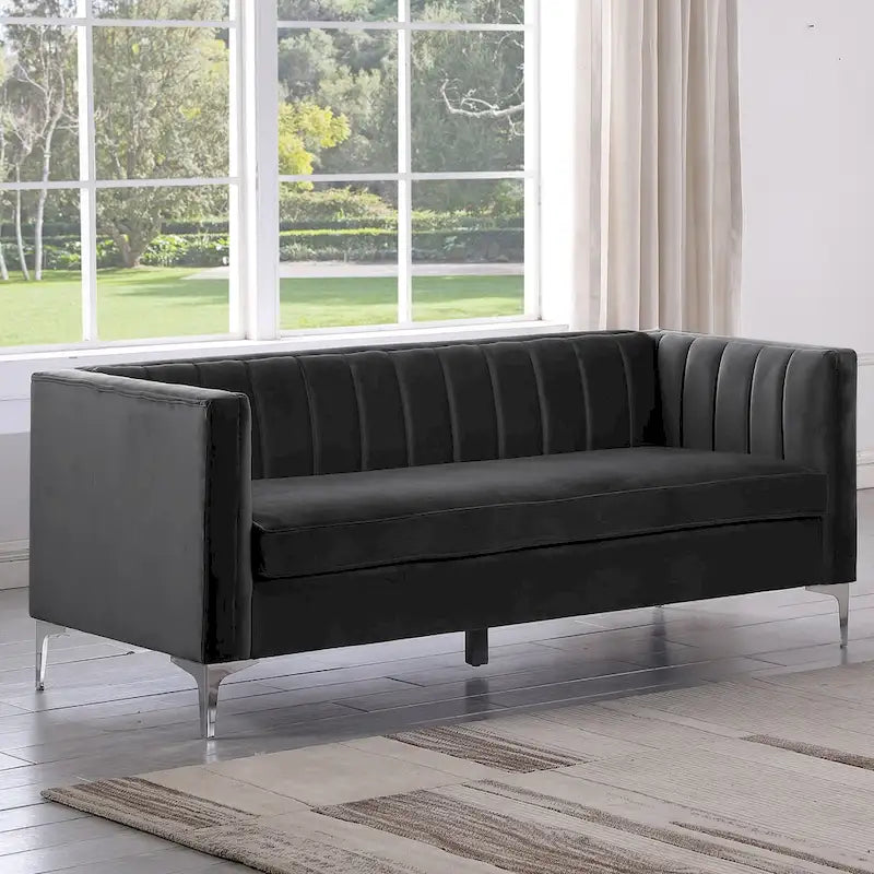 Set moderno di 2 pezzi: poltrona e divano con velluto olandese grigio, gambe in ferro