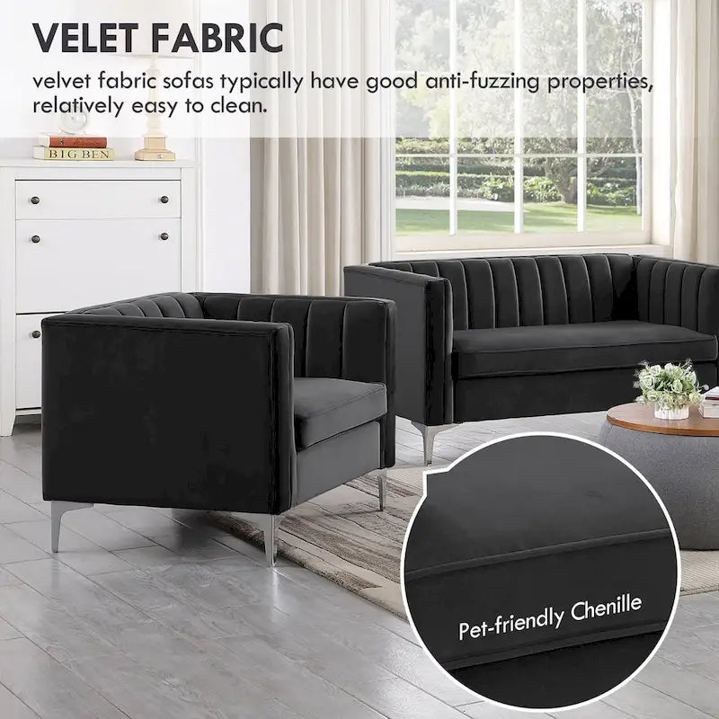Set moderno di 2 pezzi: poltrona e divano con velluto olandese grigio, gambe in ferro