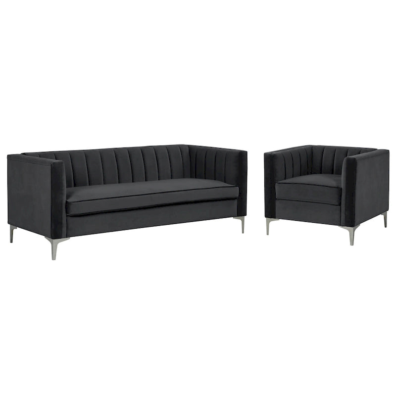 Set moderno di 2 pezzi: poltrona e divano con velluto olandese grigio, gambe in ferro
