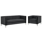 Set moderno di 2 pezzi: poltrona e divano con velluto olandese grigio, gambe in ferro