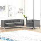 Set moderno di 2 pezzi: poltrona e divano con velluto olandese grigio, gambe in ferro