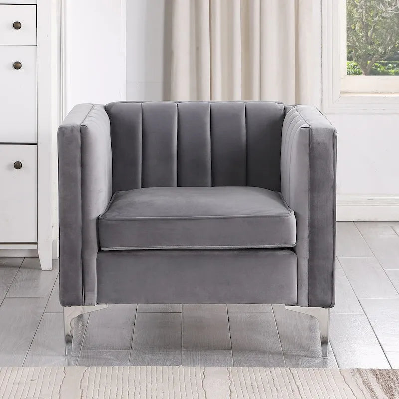 Set moderno di 2 pezzi: poltrona e divano con velluto olandese grigio, gambe in ferro