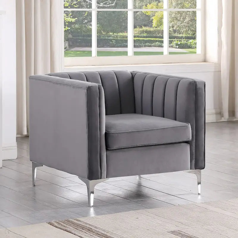 Set moderno di 2 pezzi: poltrona e divano con velluto olandese grigio, gambe in ferro