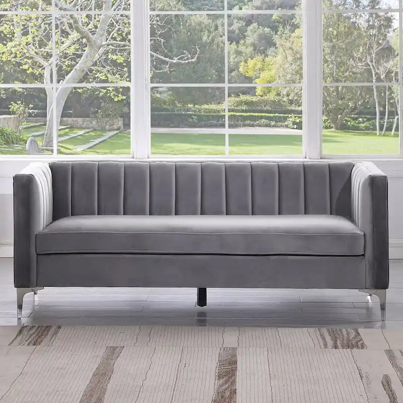 Set moderno di 2 pezzi: poltrona e divano con velluto olandese grigio, gambe in ferro