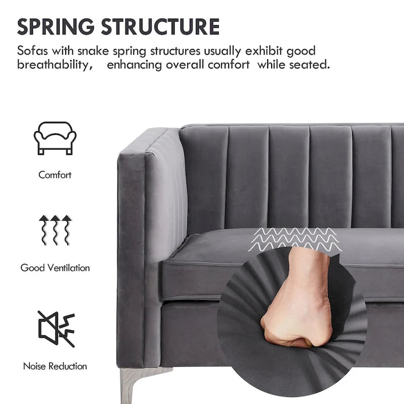 Set moderno di 2 pezzi: poltrona e divano con velluto olandese grigio, gambe in ferro