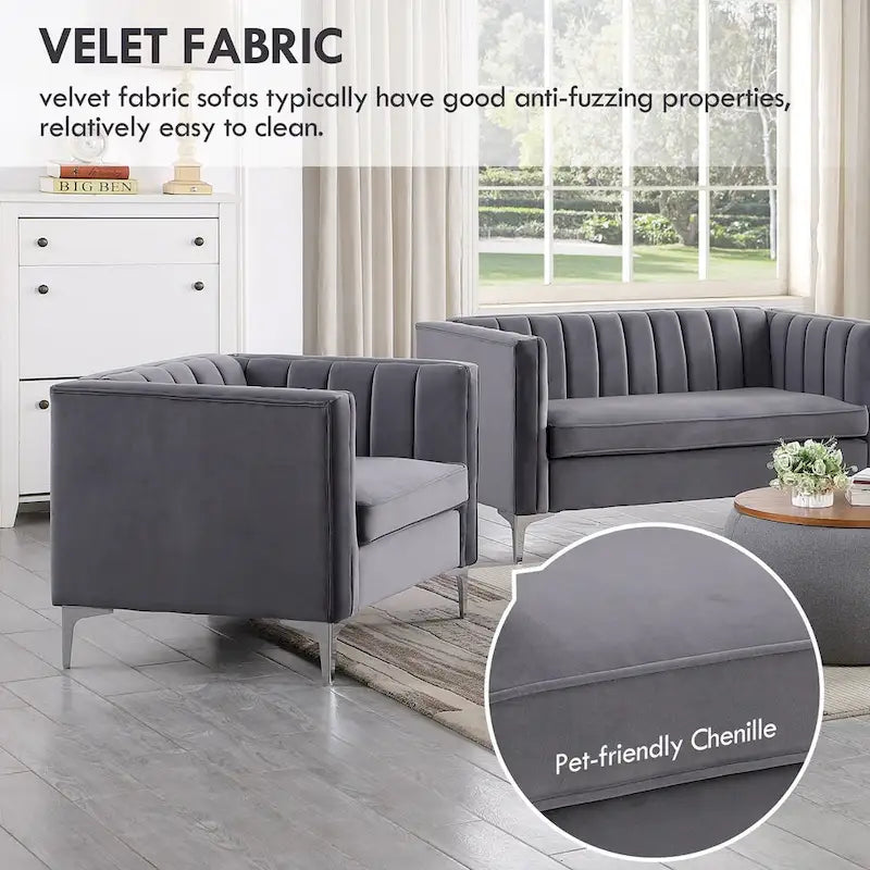 Set moderno di 2 pezzi: poltrona e divano con velluto olandese grigio, gambe in ferro