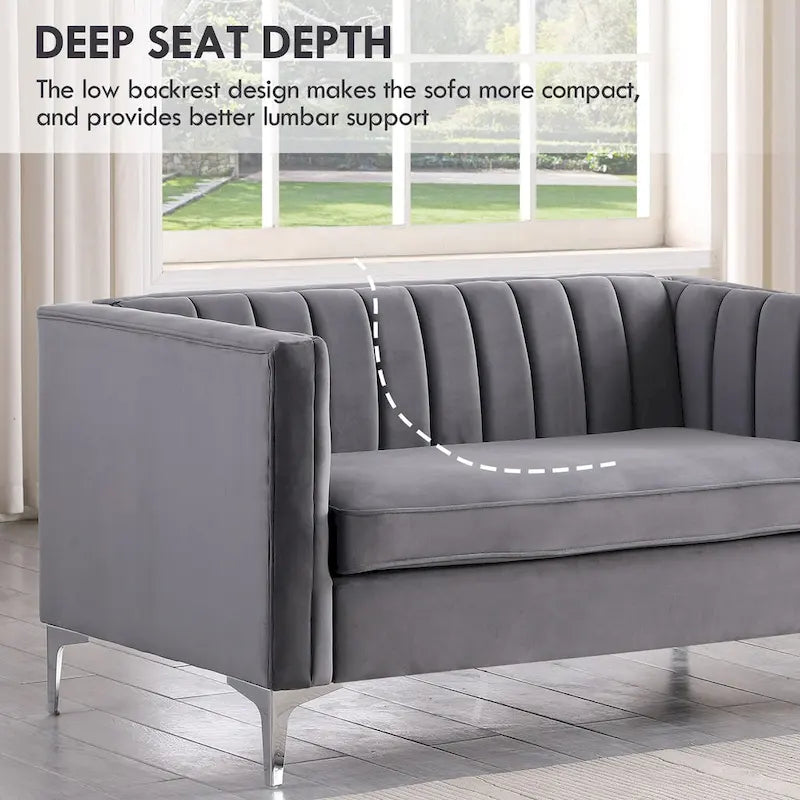 Set moderno di 2 pezzi: poltrona e divano con velluto olandese grigio, gambe in ferro