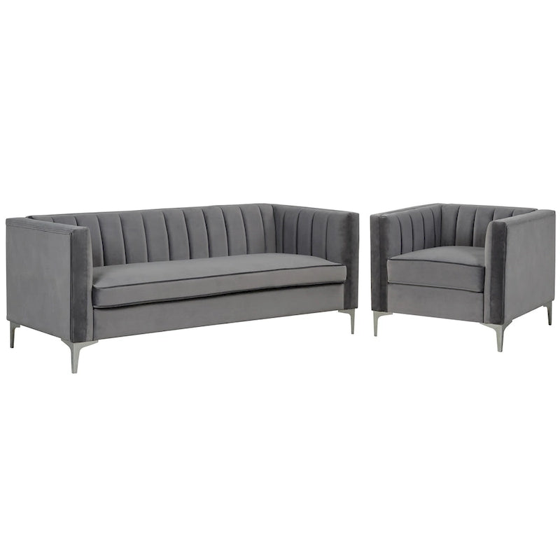 Set moderno di 2 pezzi: poltrona e divano con velluto olandese grigio, gambe in ferro