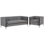 Set moderno di 2 pezzi: poltrona e divano con velluto olandese grigio, gambe in ferro