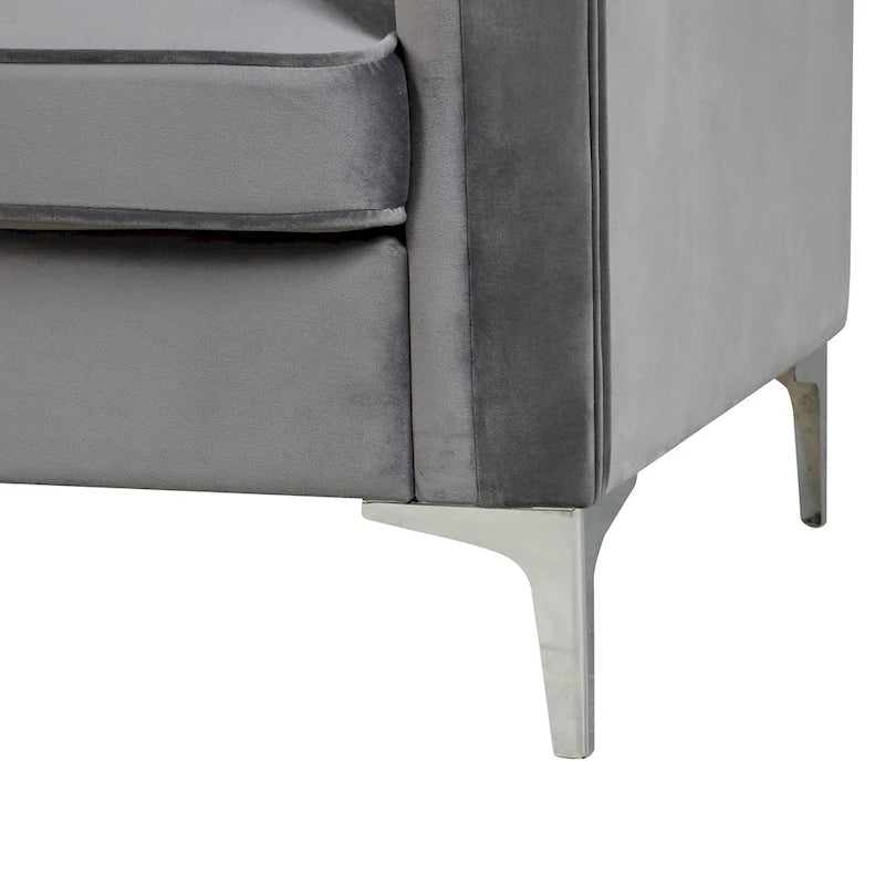 Set moderno di 2 pezzi: poltrona e divano con velluto olandese grigio, gambe in ferro