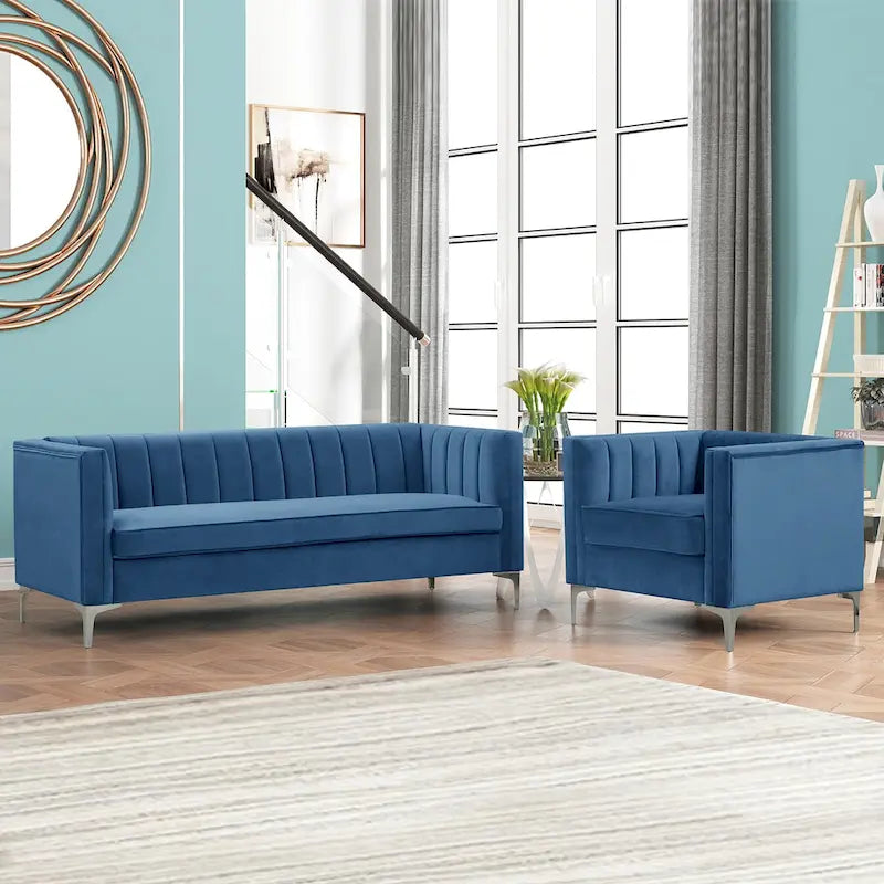 Set moderno di 2 pezzi: poltrona e divano con velluto olandese grigio, gambe in ferro