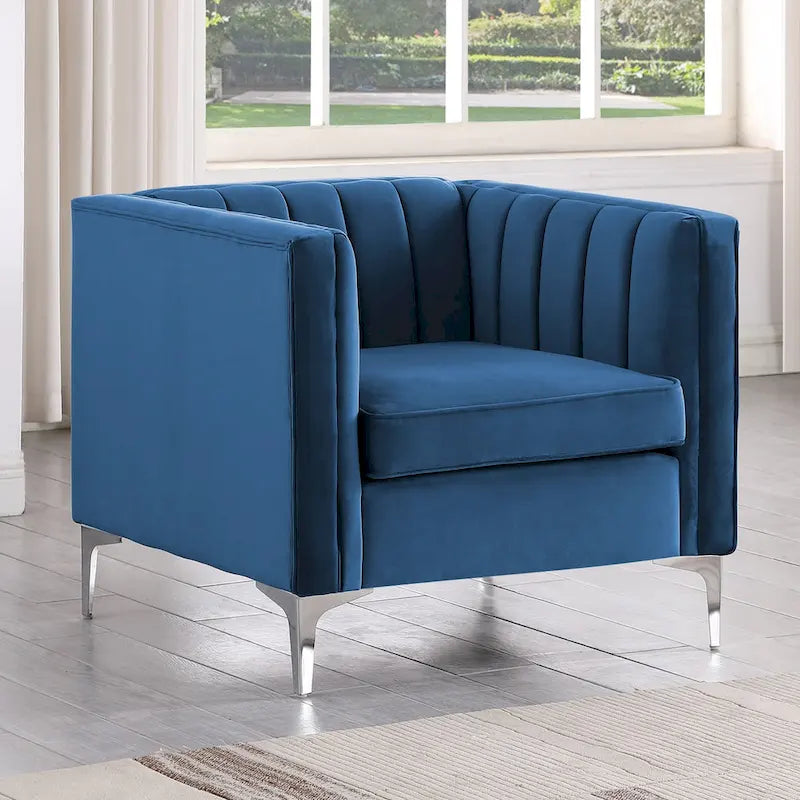 Set moderno di 2 pezzi: poltrona e divano con velluto olandese grigio, gambe in ferro
