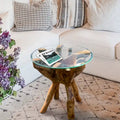  Rustic Teak Wood Root Side Table with 24 Inch Round Glass Top