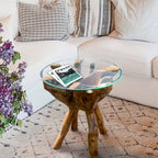  Rustic Teak Wood Root Side Table with 24 Inch Round Glass Top