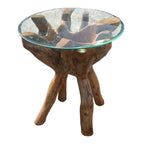 Tavolino rustico in radice di teak con piano in vetro rotondo da 24 pollici