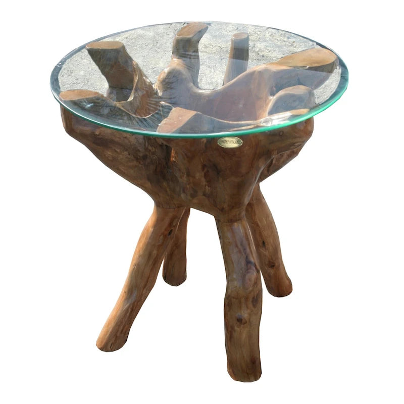 Tavolino rustico in radice di teak con piano in vetro rotondo da 24 pollici