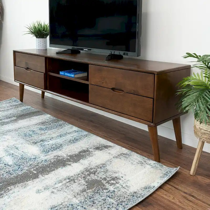 Mobile TV Bruno Mid-Century Modern in Noce con 6 Vani, Porta TV Basso in Legno per Intrattenimento