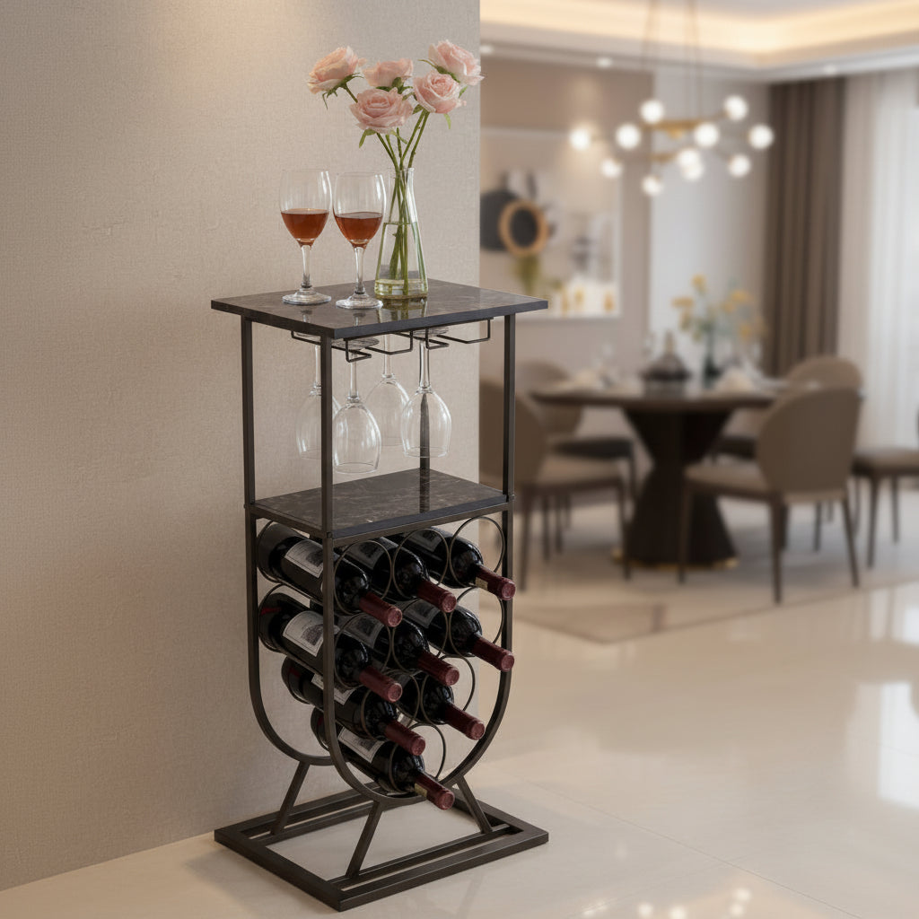 Tavolino Console Portabottiglie da Terra Autoportante con Portabicchieri, Porta Bottiglie per 9 Bottiglie, Peltro/Marmo