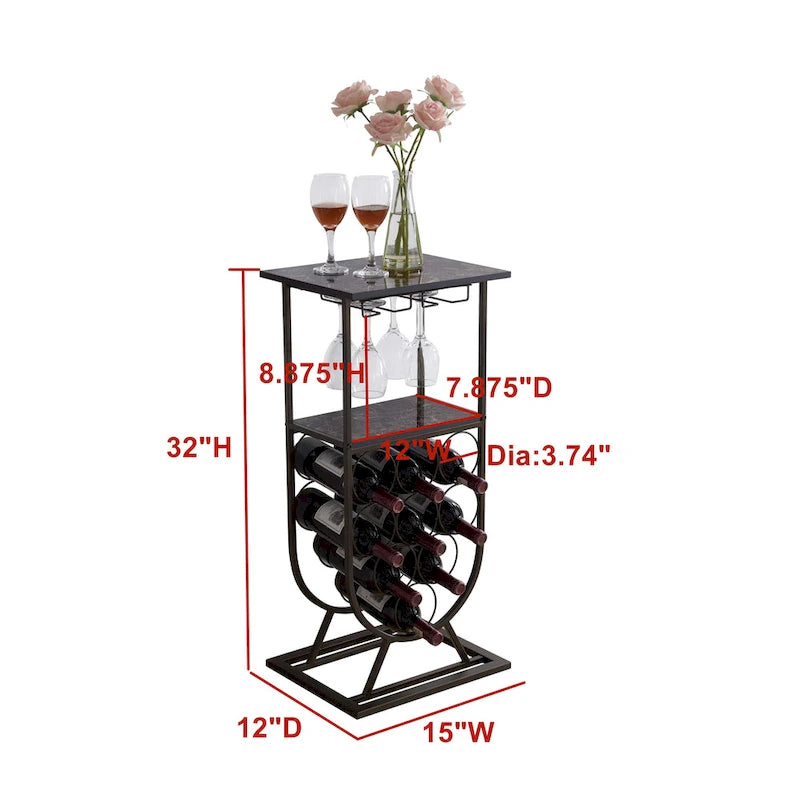 Tavolino Console Portabottiglie da Terra Autoportante con Portabicchieri, Porta Bottiglie per 9 Bottiglie, Peltro/Marmo